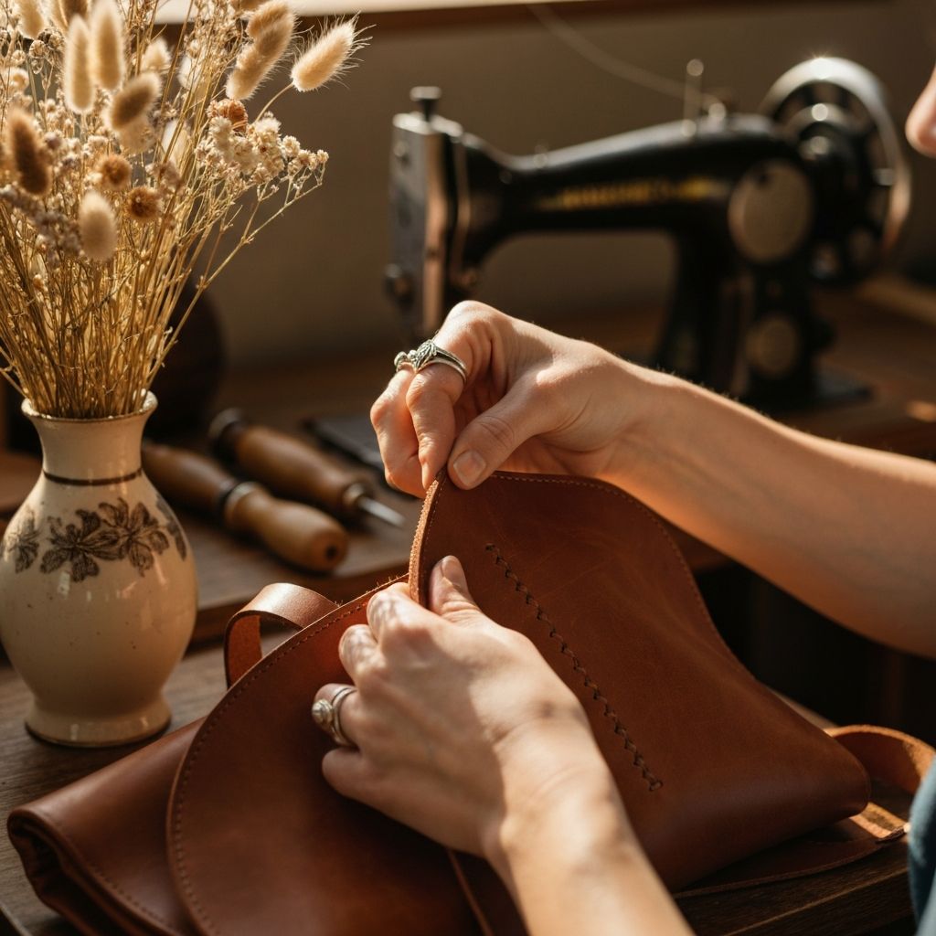 Artesana trabajando en una cartera de cuero